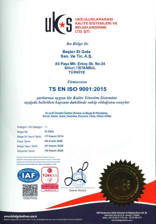 BEŞLER ET GIDA ISO 9001