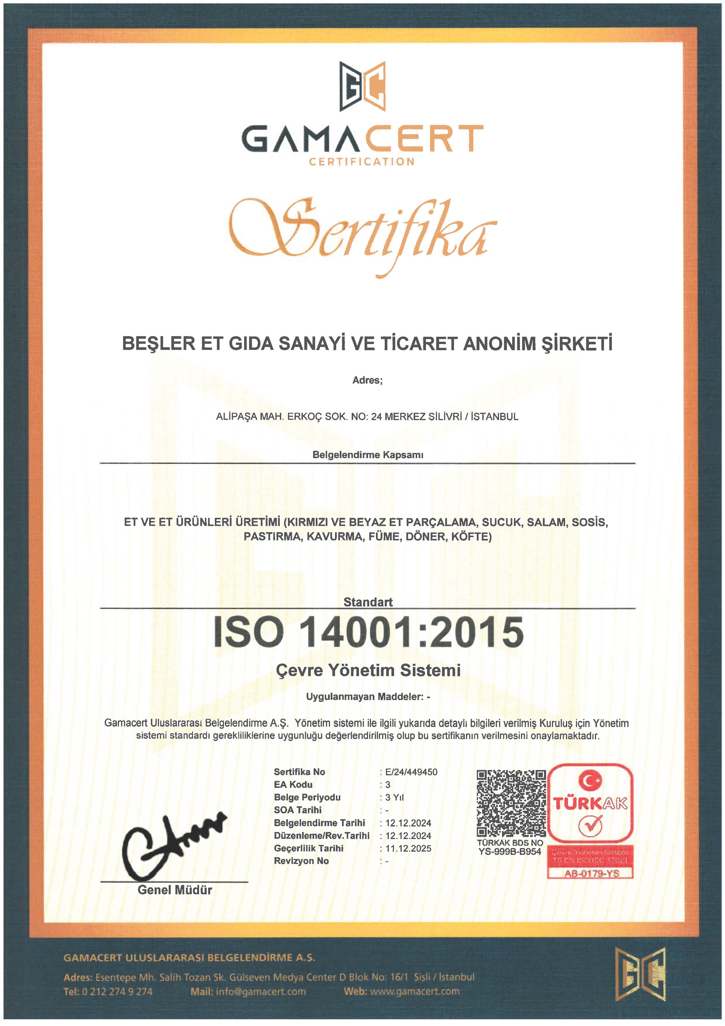 BEŞLER ET GIDA ISO 14001