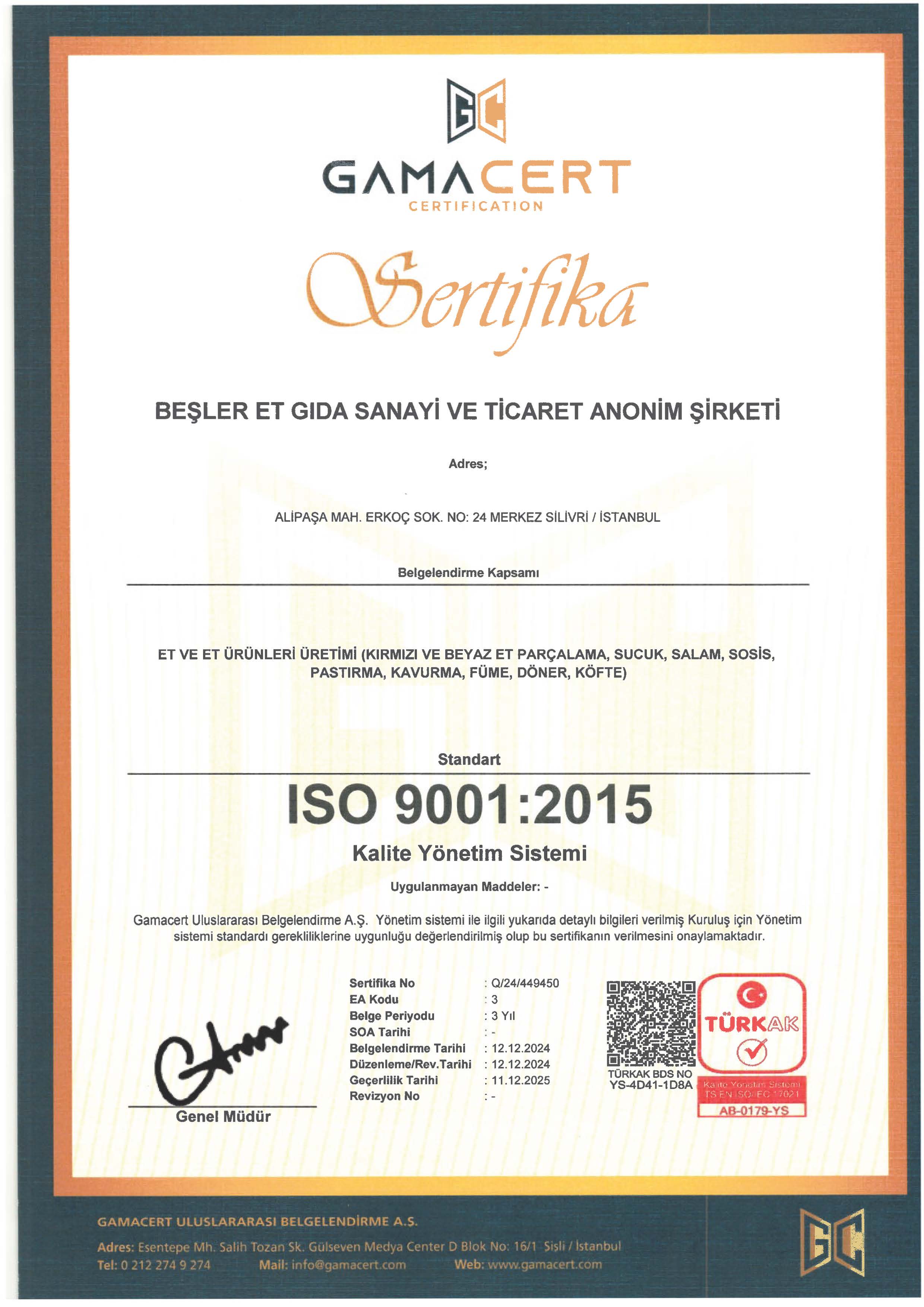 BEŞLER ET GIDA ISO 9001