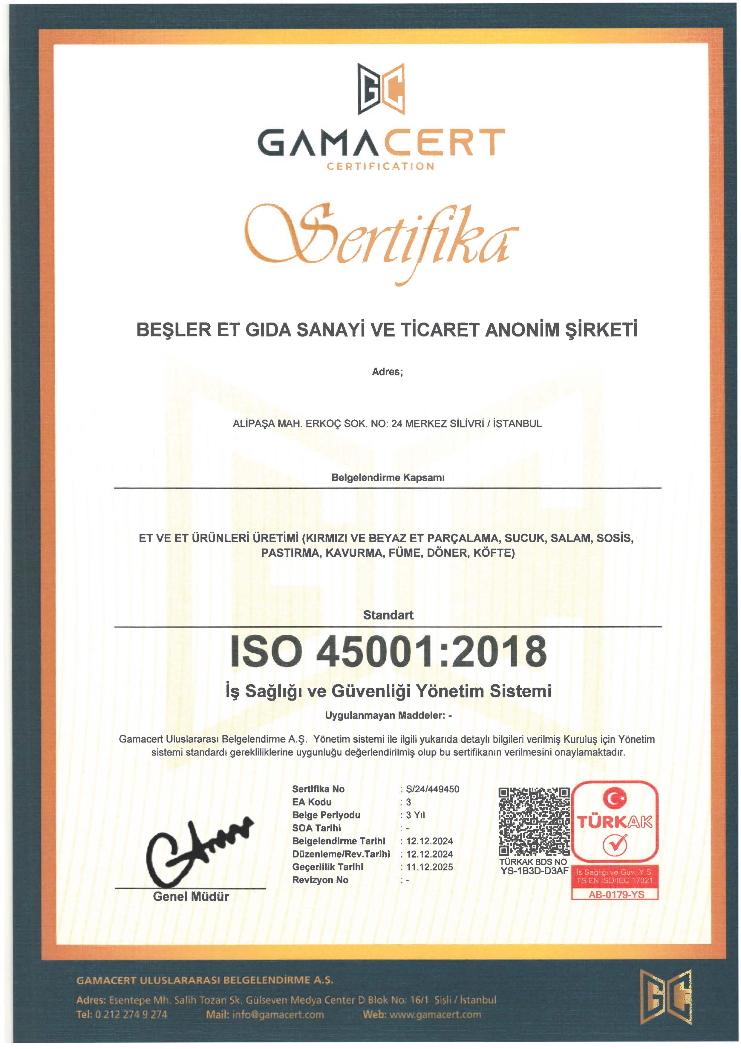 BEŞLER ET GIDA ISO 45001